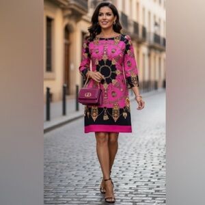 JB Julie Magenta, Gold Baroque Dress 3/4 sleeve 60s,Disco,SZ-Med,Retro & Iconic